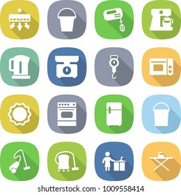 flat vector icon set - air conditioning vector, bucket, mixer, coffee maker, kettle, kitchen scales, handle, grill oven, induction, fridge, vacuum cleaner, cleaning, iron board
