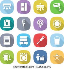 flat vector icon set - air conditioning vector, fridge, mixer, kettle, handle scales, elecric oven, induction, double boiler, blender, bucket, vacuum cleaner, washing machine, kitchen cleaning
