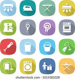 flat vector icon set - air conditioning vector, iron, board, coffee maker, handle scales, elecric oven, blender, bucket, vacuum cleaner, washing machine, kitchen cleaning