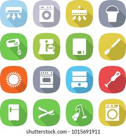 flat vector icon set - air conditioning vector, washing machine, bucket, mixer, coffee maker, kitchen scales, spatula, gas oven, double boiler, blender, fridge, pruner, vacuum cleaner