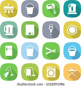 flat vector icon set - air conditioning vector, bucket, mixer, kettle, kitchen scales, handle, induction oven, fridge, pruner, vacuum cleaner, washing machine, iron board