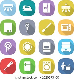 flat vector icon set - air conditioning vector, iron, fridge, kitchen scales, handle, spatula, grill oven, elecric, induction, double boiler, blender, washing machine, cleaning