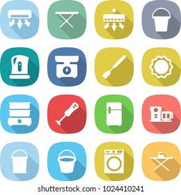 flat vector icon set - air conditioning vector, iron board, bucket, kettle, kitchen scales, spatula, induction oven, double boiler, blender, fridge, food processor, washing machine