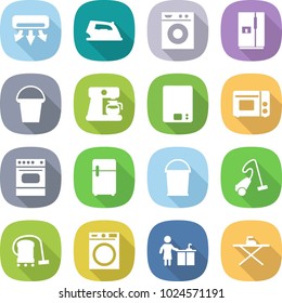 flat vector icon set - air conditioning vector, iron, washing machine, fridge, bucket, coffee maker, kitchen scales, grill oven, vacuum cleaner, cleaning, board