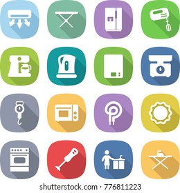 flat vector icon set - air conditioning vector, iron board, fridge, mixer, coffee maker, kettle, kitchen scales, handle, grill oven, elecric, induction, blender, cleaning