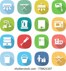 flat vector icon set - air conditioning vector, iron board, mixer, vacuum cleaner, kettle, kitchen scales, grill oven, double boiler, blender, fridge, food processor, bucket, cleaning