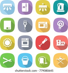 flat vector icon set - air conditioning vector, fridge, kettle, kitchen scales, handle, grill oven, elecric, induction, blender, food processor, pruner, bucket, vacuum cleaner, iron board