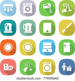 flat vector icon set - air conditioning vector, washing machine, mixer, vacuum cleaner, kettle, kitchen scales, spatula, gas oven, induction, double boiler, fridge, food processor, cleaning