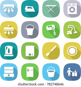 flat vector icon set - air conditioning vector, iron, board, washing machine, bucket, mixer, vacuum cleaner, kettle, kitchen scales, spatula, induction oven, double boiler, fridge, cleaning