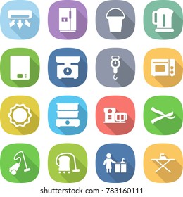flat vector icon set - air conditioning vector, fridge, bucket, kettle, kitchen scales, handle, grill oven, induction, double boiler, food processor, pruner, vacuum cleaner, cleaning, iron board