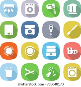 flat vector icon set - air conditioning vector, washing machine, mixer, kettle, kitchen scales, handle, spatula, gas oven, induction, double boiler, food processor, bucket, pruner, vacuum cleaner