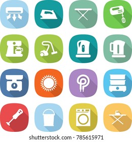 flat vector icon set - air conditioning vector, iron, board, mixer, coffee maker, vacuum cleaner, kettle, kitchen scales, gas oven, elecric, double boiler, blender, bucket, washing machine