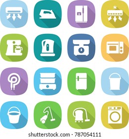 flat vector icon set - air conditioning vector, iron, fridge, coffee maker, kettle, kitchen scales, grill oven, elecric, double boiler, bucket, vacuum cleaner, washing machine