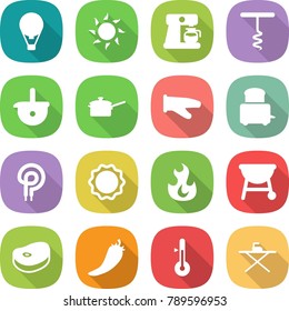 flat vector icon set - air ballon vector, sun, coffee maker, corkscrew, ladle, saute pan, cook glove, toaster, elecric oven, induction, fire, bbq, steake, hot pepper, thermometer, iron board