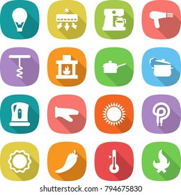 flat vector icon set - air ballon vector, conditioning, coffee maker, hair dryer, corkscrew, fireplace, saute pan, steam, kettle, cook glove, gas oven, elecric, induction, hot pepper, thermometer