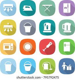 flat vector icon set - air conditioning vector, iron, board, fridge, bucket, kettle, grill oven, gas, blender, vacuum cleaner, kitchen cleaning