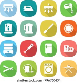 flat vector icon set - air conditioning vector, iron, mixer, kettle, spatula, gas oven, double boiler, blender, fridge, food processor, pruner, vacuum cleaner, washing machine, board