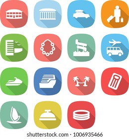 flat vector icon set - airport building vector, car baggage, passenger, hotel, hawaiian wreath, aquapark, transfer, jet ski, cruise ship, palm hammock, inflatable mattress, windsurfing, service bell