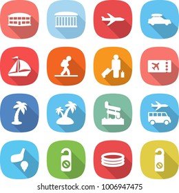 flat vector icon set - airport building vector, plane, car baggage, sail boat, tourist, passenger, ticket, palm, island, aquapark, transfer, golf, do not distrub, inflatable pool