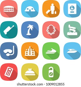 flat vector icon set - airport building vector, dome house, passenger, passport, suitcase, palm, hawaiian wreath, aquapark, diving mask, hotel, jet ski, yacht, inflatable mattress, service bell