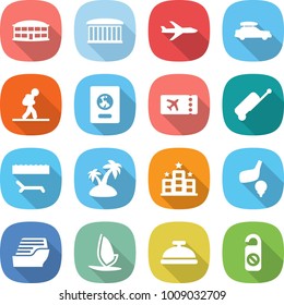 flat vector icon set - airport building vector, plane, car baggage, tourist, passport, ticket, suitcase, lounger, island, hotel, golf, cruise ship, windsurfing, service bell, do not distrub