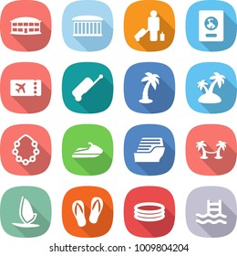 flat vector icon set - airport building vector, passenger, passport, ticket, suitcase, palm, island, hawaiian wreath, jet ski, cruise ship, hammock, windsurfing, flip flops, inflatable pool