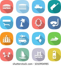flat vector icon set - airport building vector, car baggage, suitcase, lounger, palm, hawaiian wreath, diving mask, hotel, transfer, golf, jet ski, hammock, windsurfing, pool, do not distrub