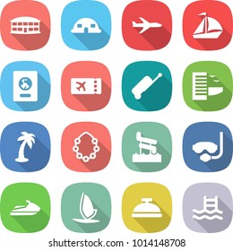 flat vector icon set - airport building vector, dome house, plane, sail boat, passport, ticket, suitcase, hotel, palm, hawaiian wreath, aquapark, diving mask, jet ski, windsurfing, service bell