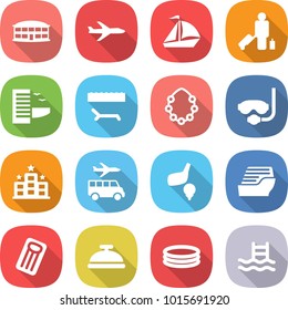 flat vector icon set - airport building vector, plane, sail boat, passenger, hotel, lounger, hawaiian wreath, diving mask, transfer, golf, cruise ship, inflatable mattress, service bell, pool