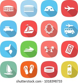 flat vector icon set - airport building vector, dome house, plane, car baggage, sail boat, hawaiian wreath, transfer, golf, jet ski, palm hammock, inflatable mattress, windsurfing, flip flops, pool