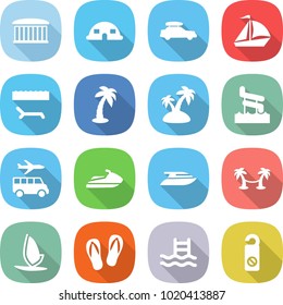 flat vector icon set - airport building vector, dome house, car baggage, sail boat, lounger, palm, island, aquapark, transfer, jet ski, yacht, hammock, windsurfing, flip flops, pool, do not disturb