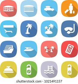 flat vector icon set - airport building vector, car baggage, passenger, lounger, palm, island, diving mask, cruise ship, yacht, hammock, inflatable mattress, service bell, do not distrub, pool