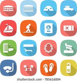 flat vector icon set - airport building vector, dome house, car baggage, sail boat, tourist, passport, ticket, hotel, lounger, hawaiian wreath, aquapark, diving mask, palm hammock, flip flops