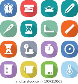 flat vector icon set - alarm clock vector, market scales, medical thermometer, sand, ruler, warehouse, stopwatch, barometer, measuring cup, kitchen