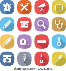 flat vector icon set - alarm clock vector, pencil wrench, telescope, electrostatic, market scales, magnifier, stethoscope, measuring tape, level, thermometer, kitchen, handle, rake