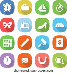 flat vector icon set - alarm clock vector, shopping bag, boat, rocket, bow, cashbox, shoes, hangare, modular house, ruler, repair, tax, stopwatch, colander, horseshoe, vacuum cleaner