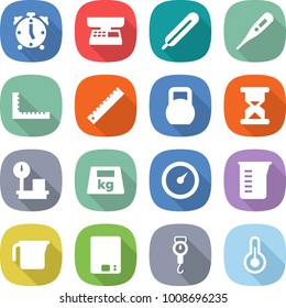 flat vector icon set - alarm clock vector, market scales, medical thermometer, ruler, heavy, sand, warehouse, barometer, measuring cup, kitchen, handle