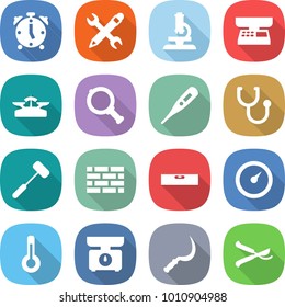 flat vector icon set - alarm clock vector, pencil wrench, microscope, market scales, magnifier, medical thermometer, stethoscope, doctors hammer, brick wall, level, barometer, kitchen, sickle