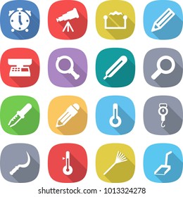 flat vector icon set - alarm clock vector, telescope, electrostatic, pencil, market scales, magnifier, medical thermometer, pipette, handle, sickle, rake, scoop