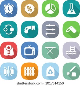 flat vector icon set - alarm clock vector, percent, diagram, flask, quantum bond, hand coin, equalizer, label, life vest, tv, iron board, pool, magnetic field, fence, garbage bag, toilet brush