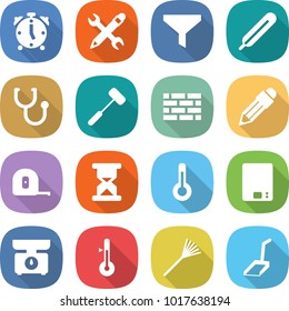 flat vector icon set - alarm clock vector, pencil wrench, funnel, medical thermometer, stethoscope, doctors hammer, brick wall, measuring tape, sand, kitchen scales, rake, scoop