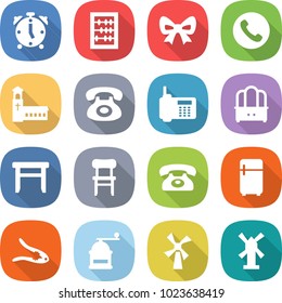 flat vector icon set - alarm clock vector, abacus, bow, phone, church, dresser, stool, chair, fridge, walnut crack, hand mill, windmill