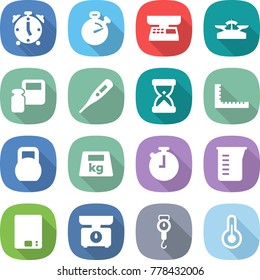 flat vector icon set - alarm clock vector, stopwatch, market scales, weight, medical thermometer, sand, ruler, heavy, measuring cup, kitchen, handle