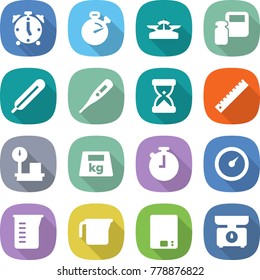 flat vector icon set - alarm clock vector, stopwatch, scales, weight, medical thermometer, sand, ruler, warehouse, heavy, barometer, measuring cup, kitchen
