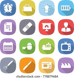 flat vector icon set - alarm clock vector, shopping bag, bulb, battery, account balance, medical patch, presentation, client, calendar, port, baggage checking, tv, big fork, knife, grill oven