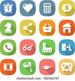 flat vector icon set - alarm clock vector, heart, calculator, money message, chess horse, molecule, remove from basket, home, phone, pacemaker, mansion, courier delivery, wardrobe, mixer, pan