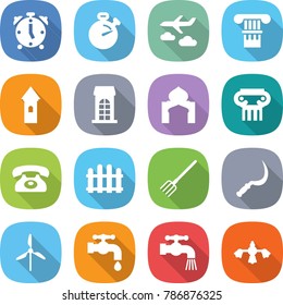flat vector icon set - alarm clock vector, stopwatch, journey, column, tower, building, minaret, antique, phone, fence, fork, sickle, windmill, water tap, hard reach place cleaning