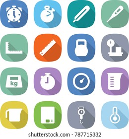 flat vector icon set - alarm clock vector, stopwatch, medical thermometer, ruler, heavy, warehouse scales, barometer, measuring cup, kitchen, handle