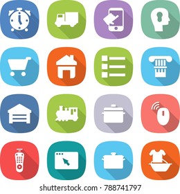 flat vector icon set - alarm clock vector, truck, touch, bulb head, cart, home, list, column, garage, train, pan, wireless mouse, remote control, browser window, handle washing