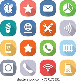 flat vector icon set - alarm clock vector, star, mail, diagram, bulb, globe connect, pencil wrench, wireless, phone, radiator, ring button, grater